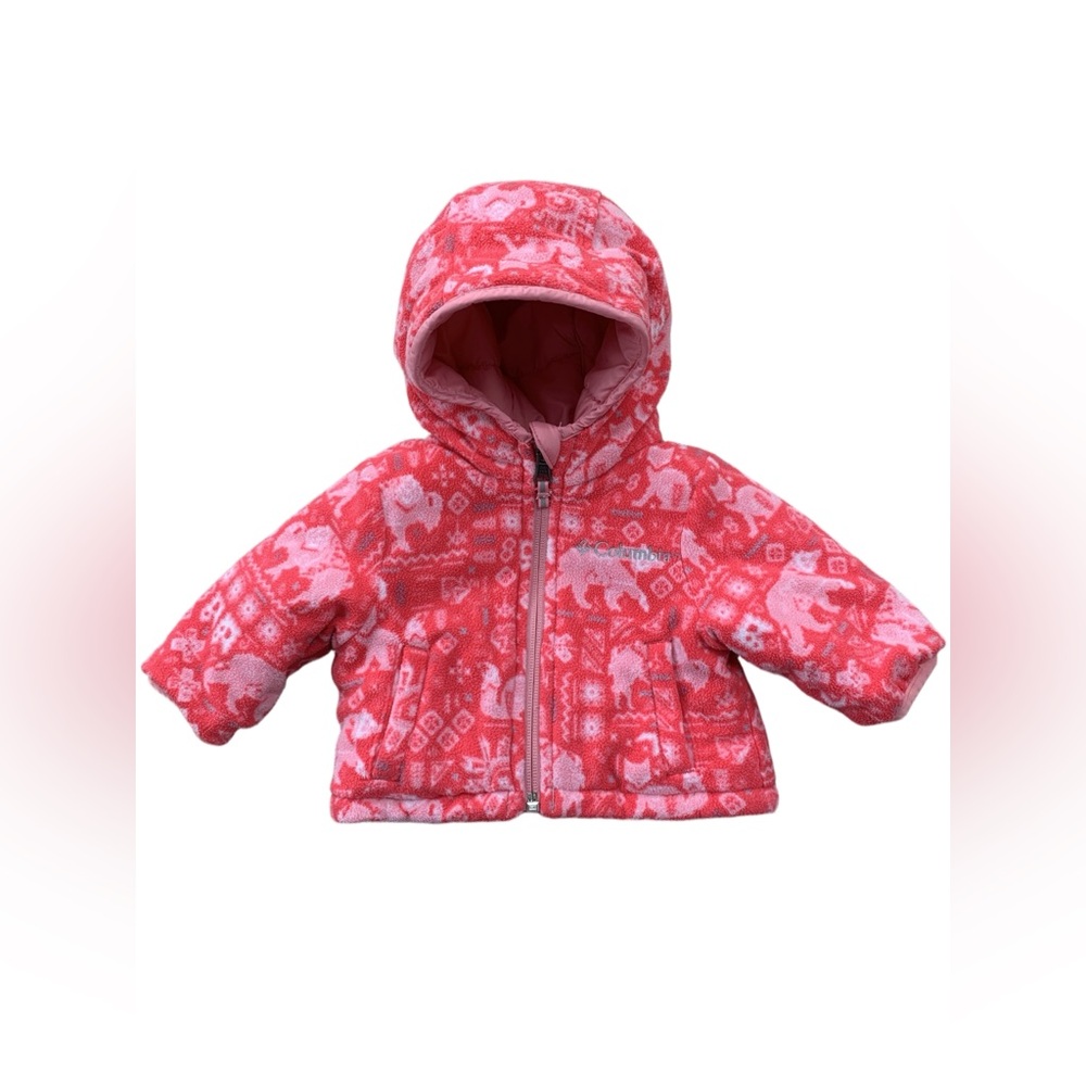 Columbia Size 0-3 Months Pink Bear Fox Reversible Hooded Puffer Fleece Coat